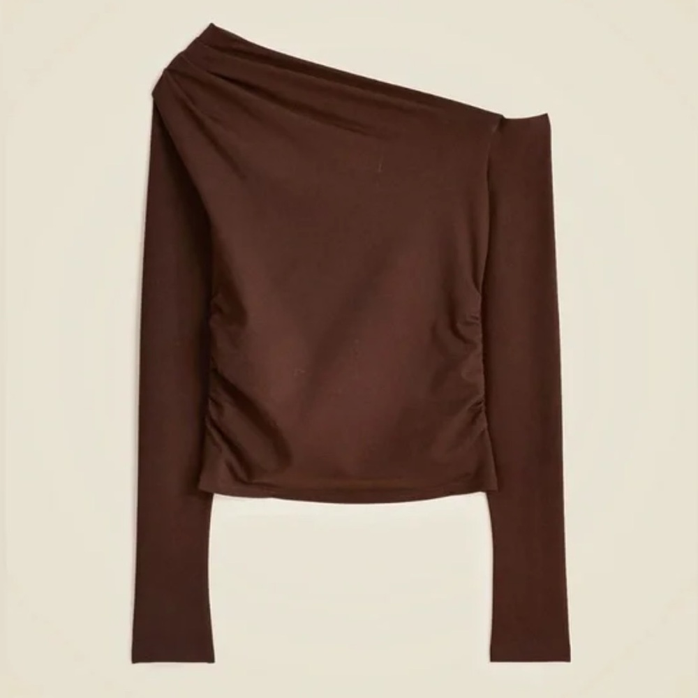 NEW J. CREW Asymmetrical off-the-shoulder top stretch cotton blend brown Size XS